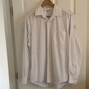 Burberry’s of London Men's White and Blue Striped Button Up Dress Shirt, 16-35